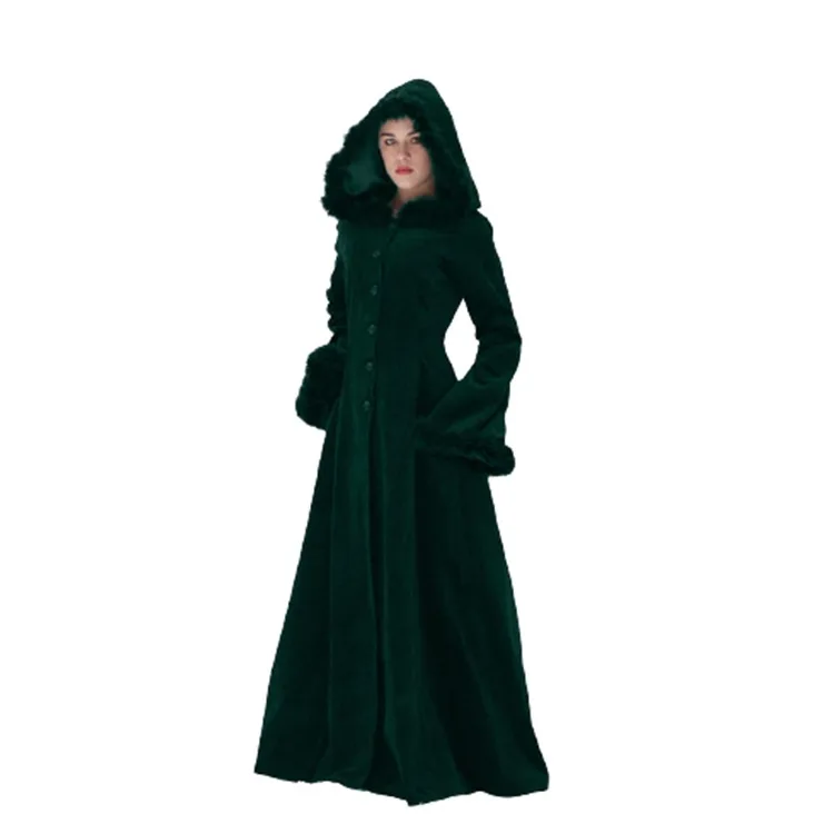 

Medieval Vintage Steampunk Floor Length Hooded Coat Women Spring Warm Fur Trim Maxi Gothic Witch Party Costume Outwear Retro