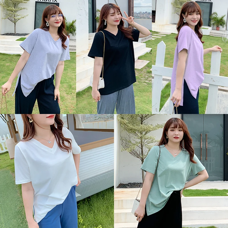 

New Fashion Korean short-sleeved top medium length loose side slit plus-size women's T-shirt 2387