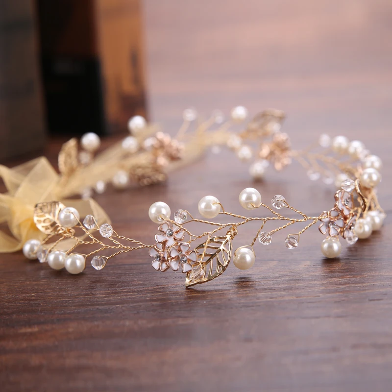 Trendy Gold Flower Pearl Hair Vine Bridal Headband Wedding Jewelry Headpiece Accessories Handmade | Украшения и аксессуары