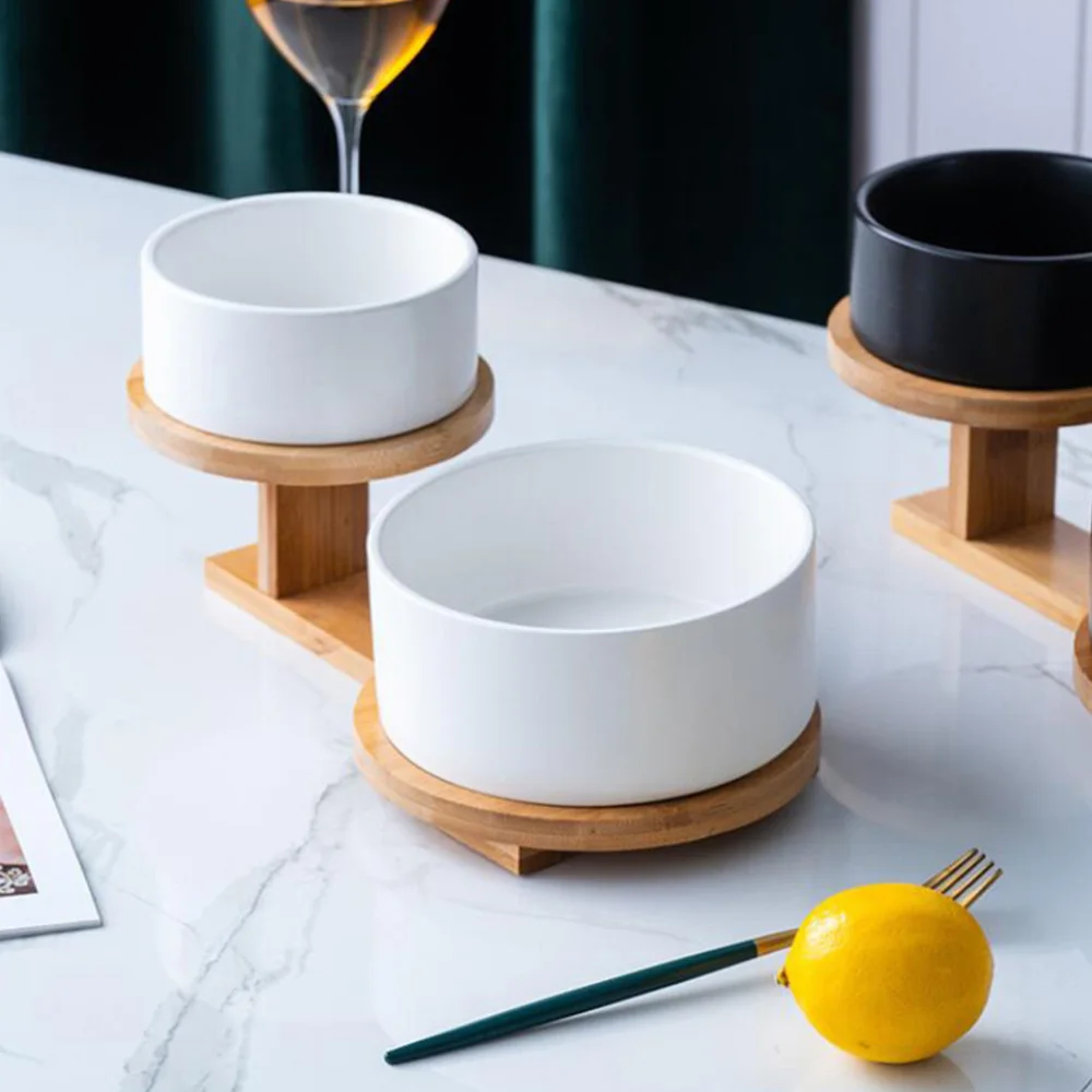 

1 Set Multi-function Ceramic Fruit Bowls Snack Salad Bowls with Wooden Rack