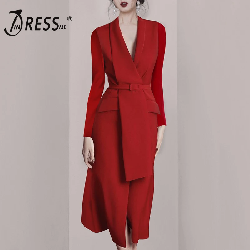 Женское офисное платье миди INDRESSME красное с v образным вырезом длинным рукавом и
