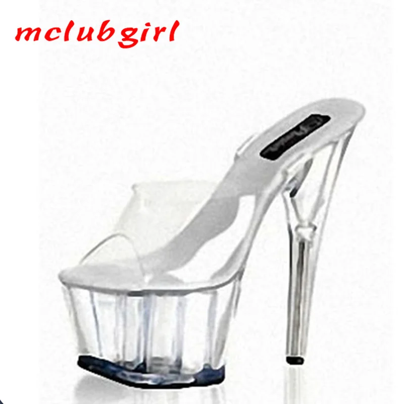 

Mclubgirl 15cm Heels Pure Color Fish Mouth Buckle Super High Heel Transparent Crystal Shoes Model Walk Show Sandals LYP