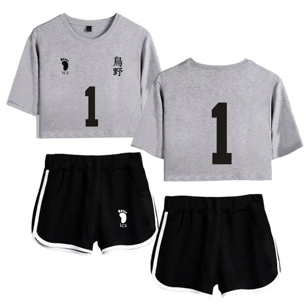 

Fashion Kawaii Haikyuu!! Print Dew navel Sport Girl suits Youthful Two Piece Set Short Sleeve Women Sexy Shorts+lovely T-shirts