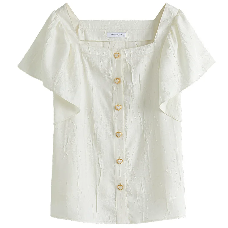 

Summer Korean style age-reducing square-neck shirt design niche French style clavicle top women
