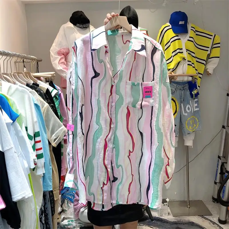 

2021 Summer Korean Style Letter Printing Striped Long-Sleeved Blouse Women Thin Type Sunscreen Shirt Loose Plus Size Buttons Top