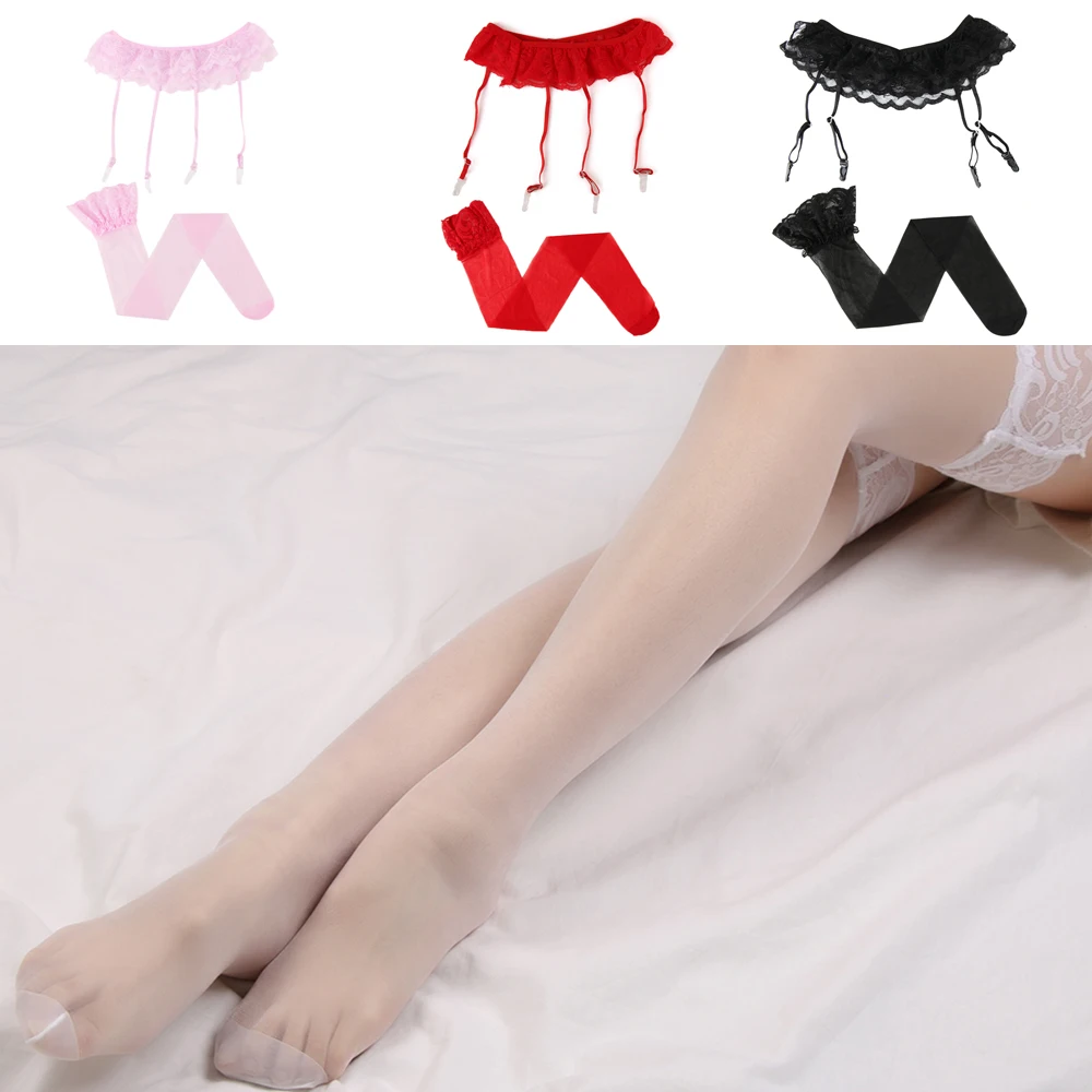 

New 1Set Fashion Women Sexy Lace Soft Top Thigh-Highs Stockings + Suspender Garter Belt Summer Lady Black Solid Stocking Set