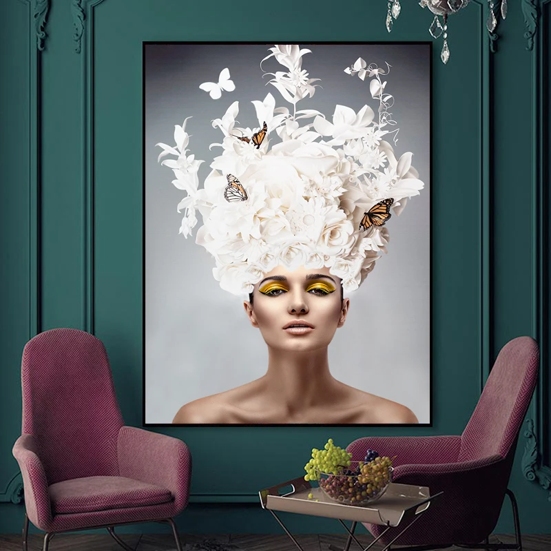 

Modern Beautiful Girl White Butterfly Print Canvas Painting Wall Pictures for Living Room Aisle Decor Wall Art Poster Decor