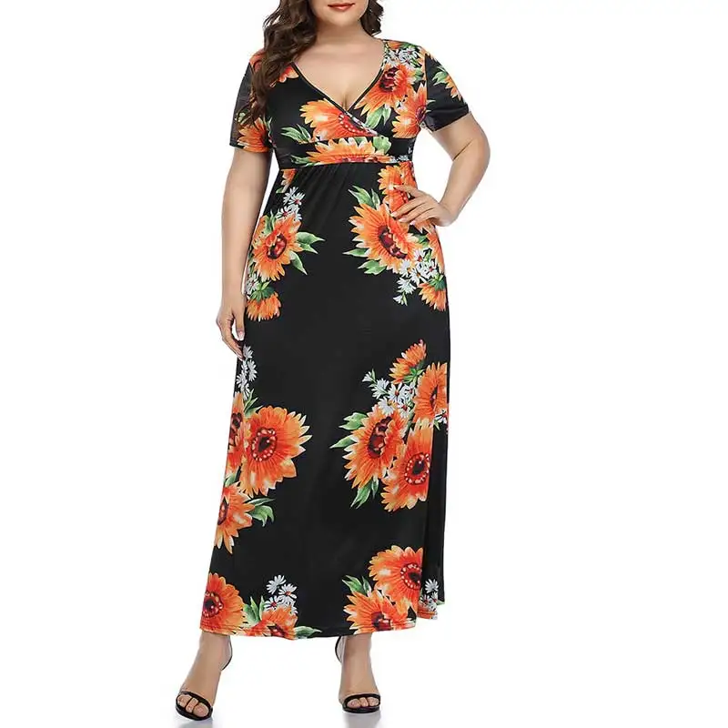 

Floral Sexy Dress Female Summer New Print Loose Plus Size Beach Party Dresses Short Sleeve Plus Size Long Robe Women Vestidos