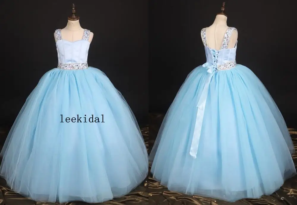 

Baby Blue Flower Girls Dresses Straps with Beaded Sequins Rhinestones Ball Gown Cheap Kids Little Girl First Communion Dress