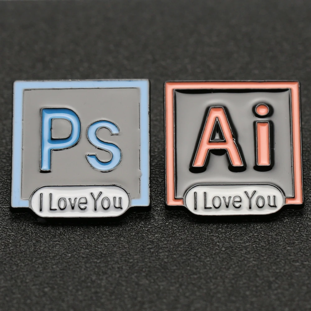 Брошь PS AI I Love You Pin Adobe Photoshop Illustrator Icon эмалированный значок дизайнерский художник