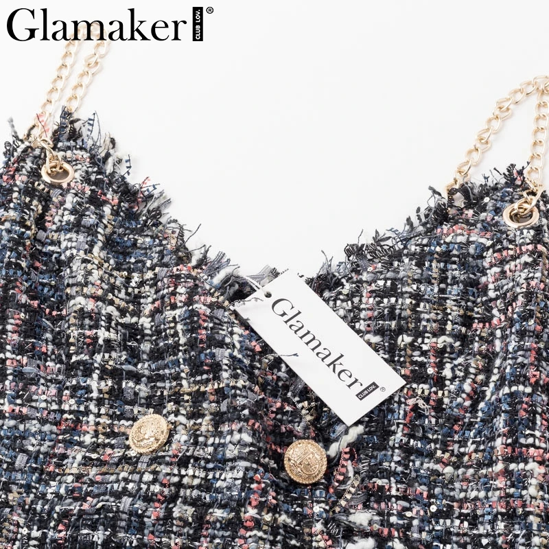 Glamaker твид Черные Короткие вечерние Клубное платье Для женщин осень без рукавов элегантное облегающее платье Женская v образным вырезом пикантная обувь; Сезон Зима; мини-платье