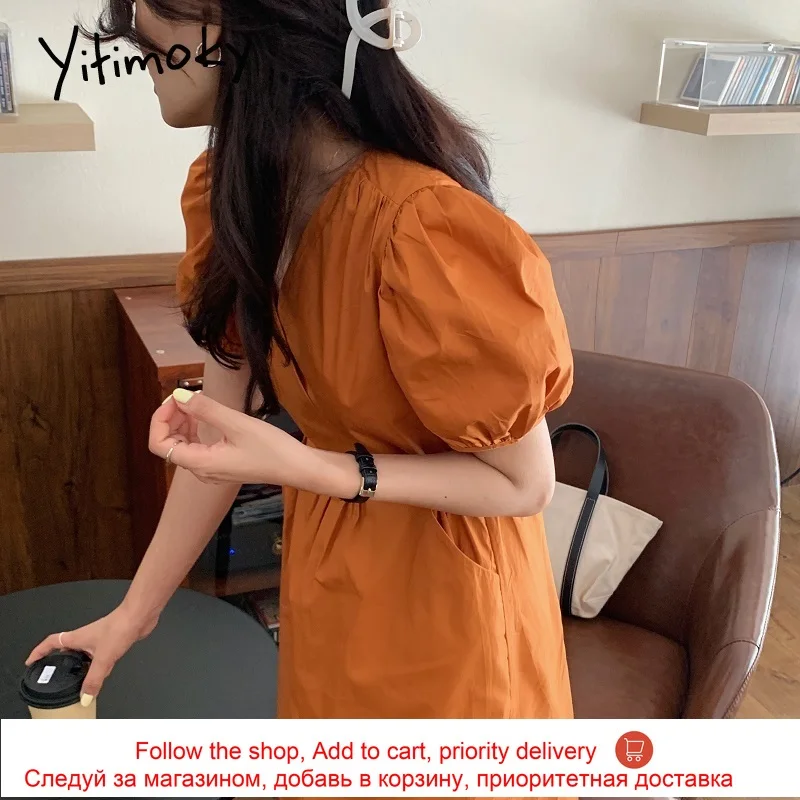

Yitimoky Elegant High Waist Long Dress for Women 2021 Lace Up Puff Short Sleeve V-Neck Unicolor Summer Clothes Korean Fashion