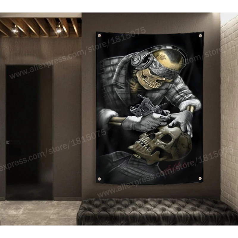 Skull Art Tattoo Artist Posters Flag Banner Home Decoration Hanging 4 Gromments In Corners 3*5FT 144CM*96CM | Дом и сад