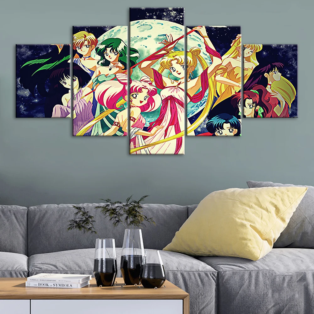 

5 Pcs Artwork Cartoon Character Modular Sailor Moon Hd Prints Home Poster Canvas Living Room Decor Framework Anime