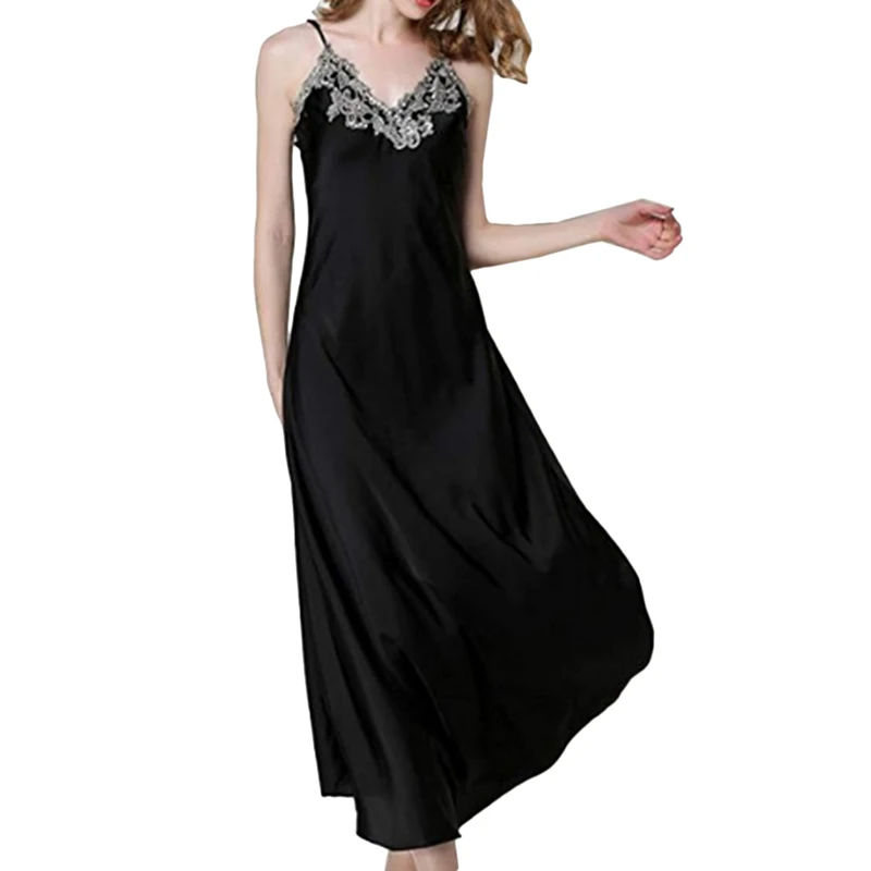

Women Satin Long Nightdress Silk Lace Sexy Lingerie Nightgown Spaghetti Strap Sleeveless Sexy Sleepwear Nightie Sleep Lounge