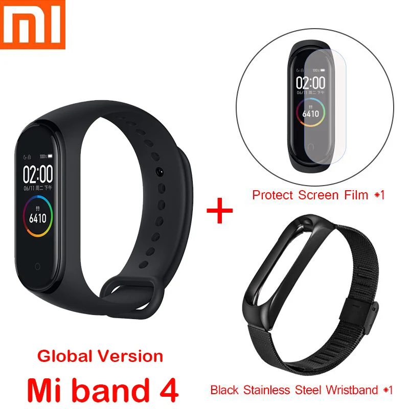 Global mi4 add strap Xiaomi mi браслет, 4 браслета/Xiaomi mi, 3 браслета, пульсометр, фитнес, цветной экран, Bluetooth 5,0, умный mi Band 4, для IOS, Android - Цвет: Global mi4 add strap