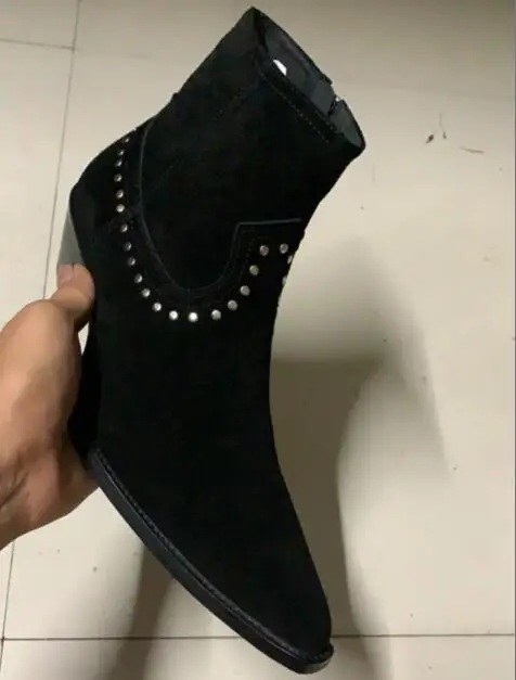 Shiny Rivets Black flock Top Quality Men Chelsea Boots Ankle Flats Side Zipper Euro size 45 46 shoes women Trainers | Обувь