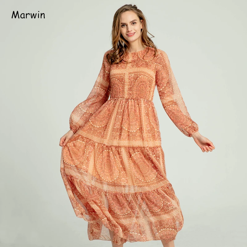 

Marwin 2020 Spring Summer Beach Style Floral Empire A-Line Ankle-Length O-Neck Women Dresses High Street Holiday Female Dresses