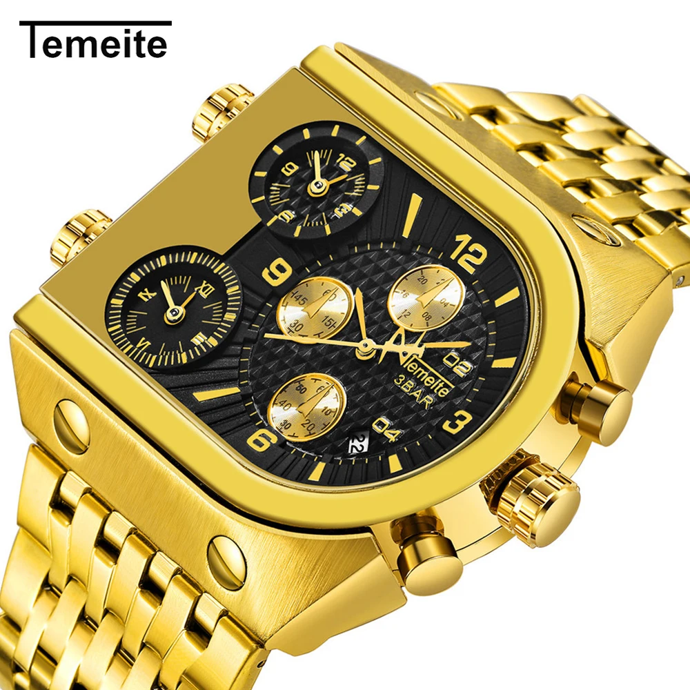 

TEMEITE модные роскошные черные золотые кварцевые часы с двумя часовыми поясами из нержавеющей стали, водонепроницаемые мужские часы, деловые ...