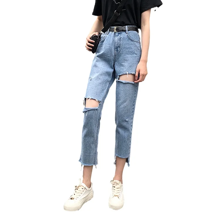 

Spring and summer Korean jeans women's straight pants high waist fashion holed jeans jeans woman high waist straight leg jeans