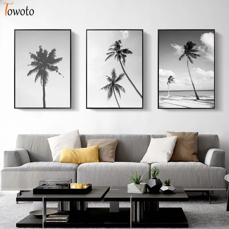 Черно-белый постер с принтом пальмы пейзаж холст живопись песчаный пляж