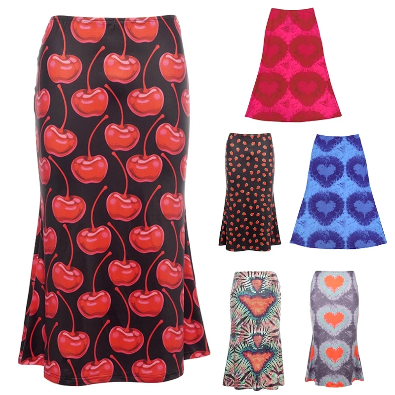 

2021 Women Boho Tie-Dye Heart Print Low Waist Flared Hem Package Hip Slim Midi Skirt Package Hip Slim Streetwear