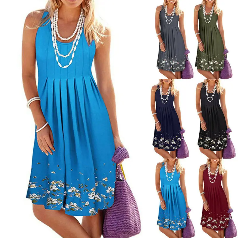 

Женское летнее платье с цветочным принтом, вырез лодочкой, повседневный пляжный без рукавов, праздничный стиль, женское платье с u-образным ...