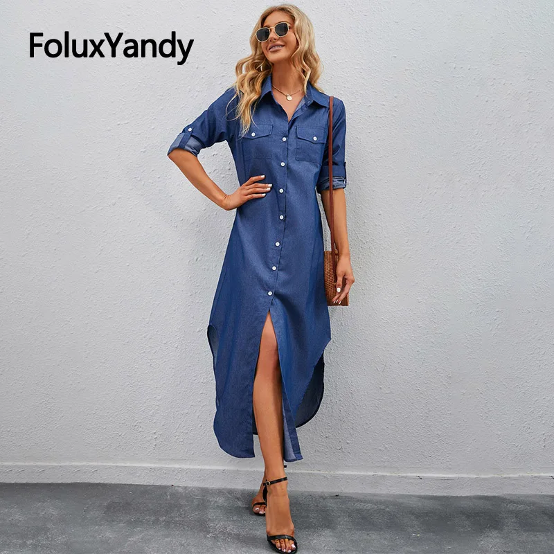 

Casual Ankle-Length Women Long Dress Turn-down Collar A-line Maxi Dress Blue Vestidos Shirt-Dress HMJR59