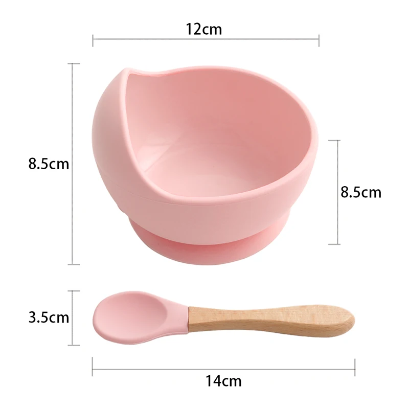 Customizable Logo Baby Silicone Bowl Food Grade Raw Materials BPA Free Strong Suction With Wooden Handle Spoon Soft Silicone