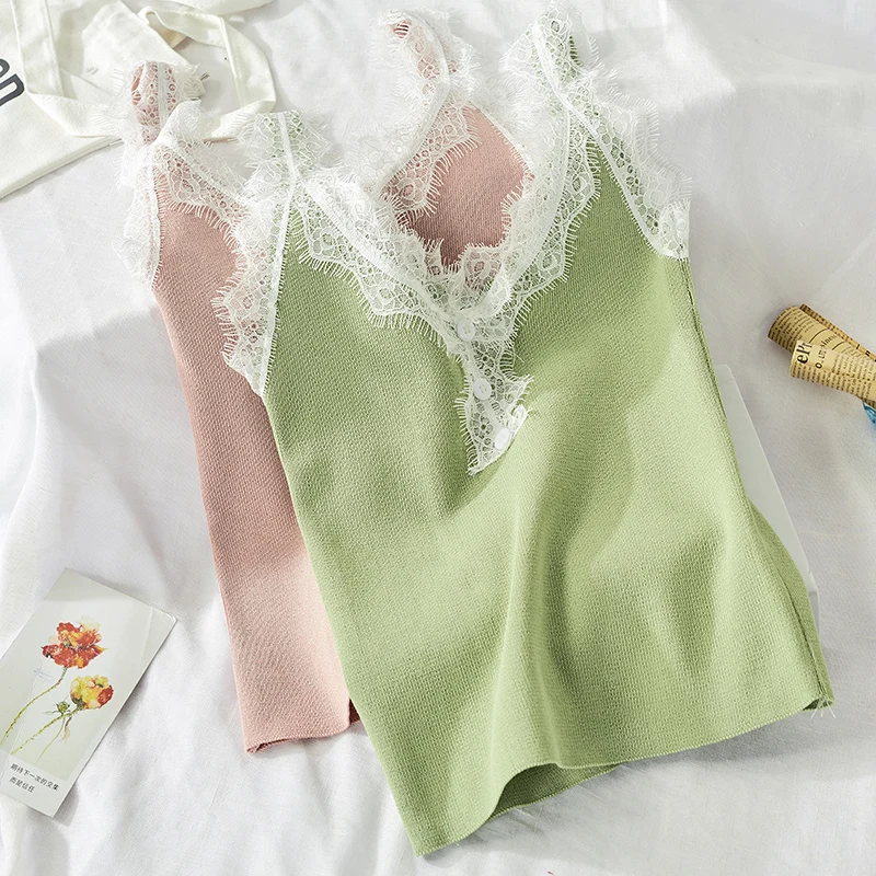 

Женская кружевная майка, однотонный топ с V-образным вырезом, в стиле пэчворк, лето 2020