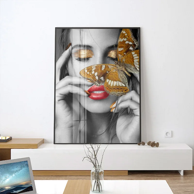 

Abstract Wall Art Pictures Fashion Woman butterfly Red rose Gold And White Black Modern Home Canvas Painting Beauty Decor Poster