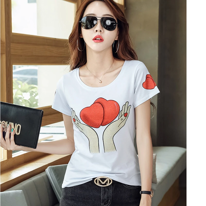 GGRIGHT Korea White T shirt Women Clothes Summer Short Sleeve Diamonds Casual TShirt Female Tops Cotton Tee Shirt Femme 2020 | Женская
