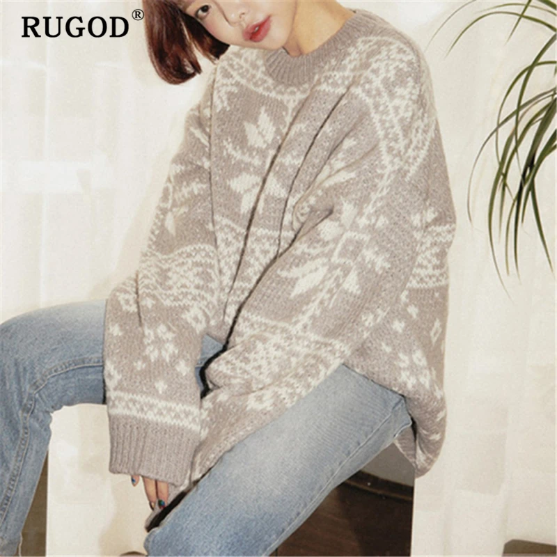 RUGOD Fashion knitted Christmas sweater women Korean chic batwing sleeve loose winter warm pullovers 2019 Casual printed | Женская
