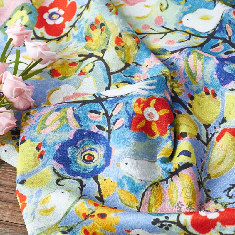 

High quality silk flax tissu FLOWER printing fabric High-end customized dresses and scarves fabrics