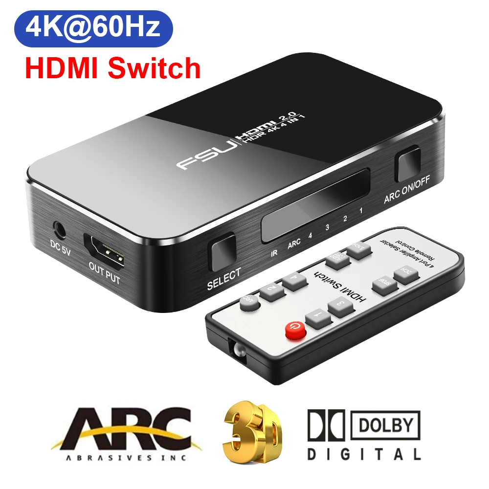 HDMI переключатель 4K 60HZ HDR HDMI 2,0 разветвитель 4 порта HDMI коммутатор Dolby Sound 3,5 мм jack ARC IR управление для PS3 PS4 HDTV проектор