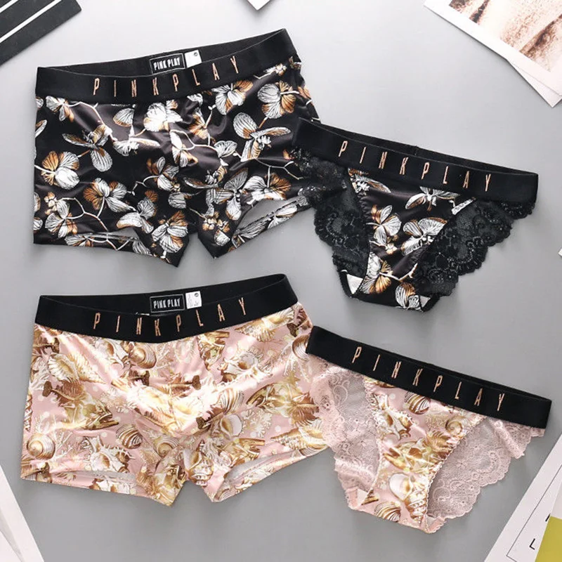 New Couple Panties Set Sexy Lace Underwear Ice Silk Fabrics Couple Underwear Men's Boxers Women's Underwear Love's Underpants
