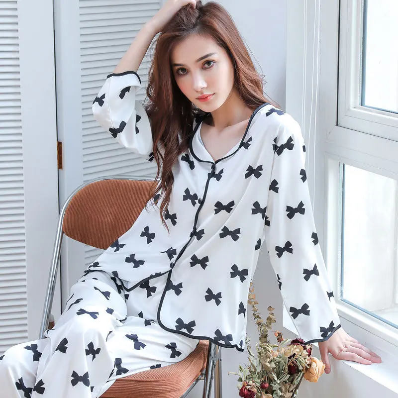 

2021 New Women Pajamas Set Long Sleeve 2PCS Sleepwear White Print Sleep Set Female Pijamas Suit Loose Shirt&Pants Home Wear