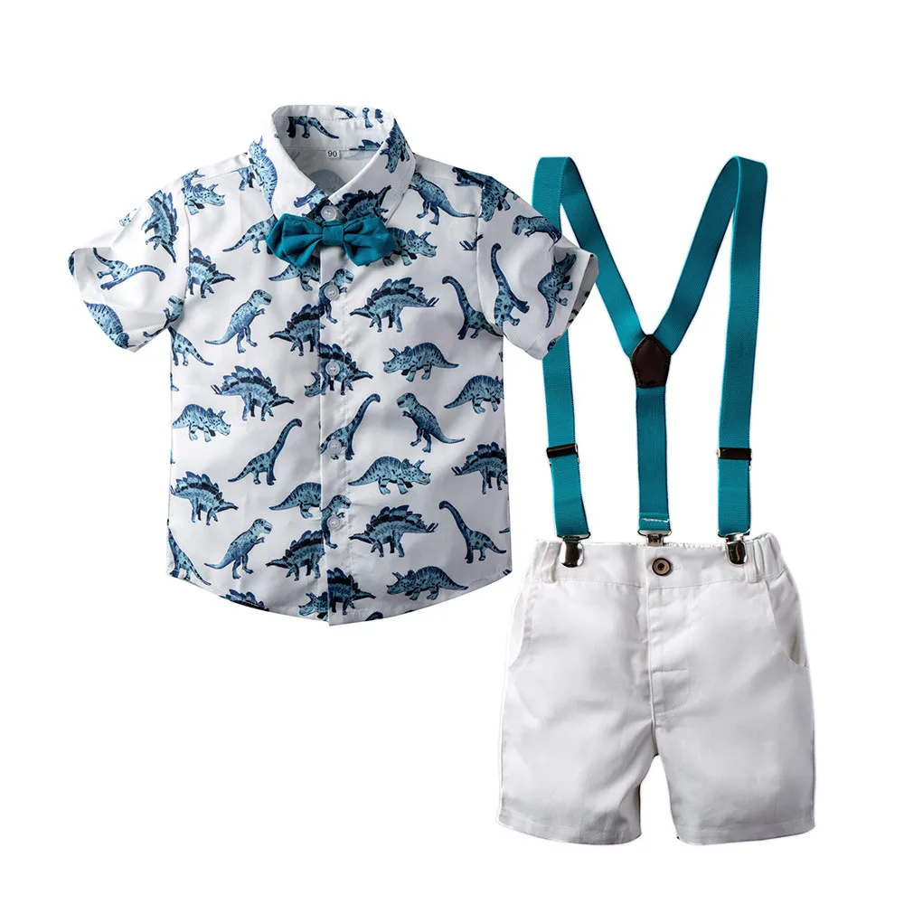 BINIDUCKLING Kids Boy Formal Clothes Set Dinosaur Printed Bow-Tie Shirt Pants Suit For Child Boys Clothing | Детская одежда и