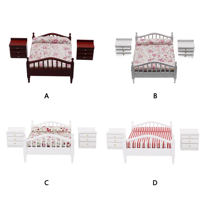 

Dollhouse furniture 3Pcs1:12dollhouse dollhouse mini furniture bedroom micro scene model European style wooden fabric double bed