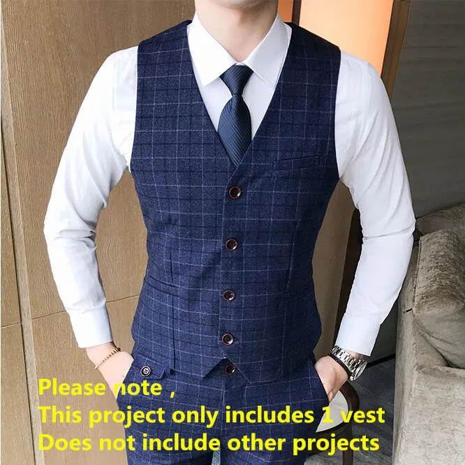 61 Navy blue Vest Роскошный мужской клетчатый жилет, костюм, брюки,, Мужская официальная одежда, свадебное платье, большой размер, повседневный деловой мужской костюм, жилет, брюки - Цвет: 61 Navy blue Vest