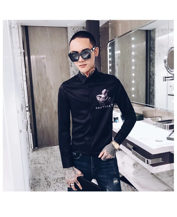 Осенняя мужская рубашка с принтом Camisa Hombre Повседневная приталенная рубашка Мужская Уличная рубашка Camisas Hombre черный смокинг для ночного клуба