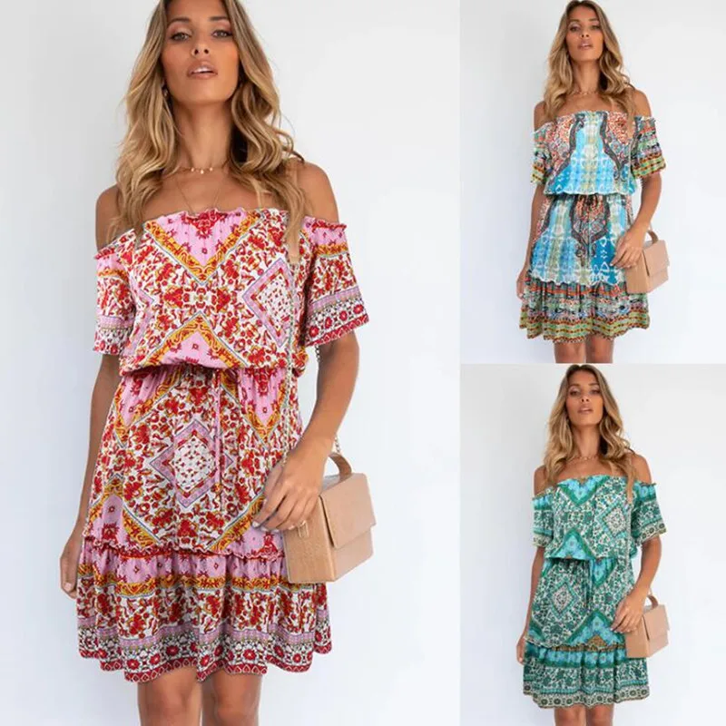 

2021 new foreign trade Amazon cross-border European and American women's fashion printed short-sleeved strapless bohemian dress