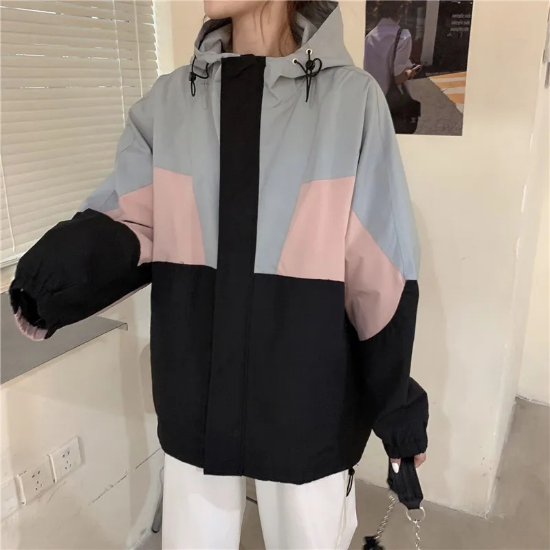 

2021 Spring Autumn Fashion New Plus Size Women Clothing Hooded Contrast Color Loose Tooling Baseball Uniform Jacket Trend H018