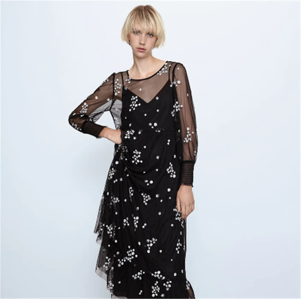 2020 ZA Модное Новое Женское платье весеннее цветочное вышитое Тюлевое Платье Бохо