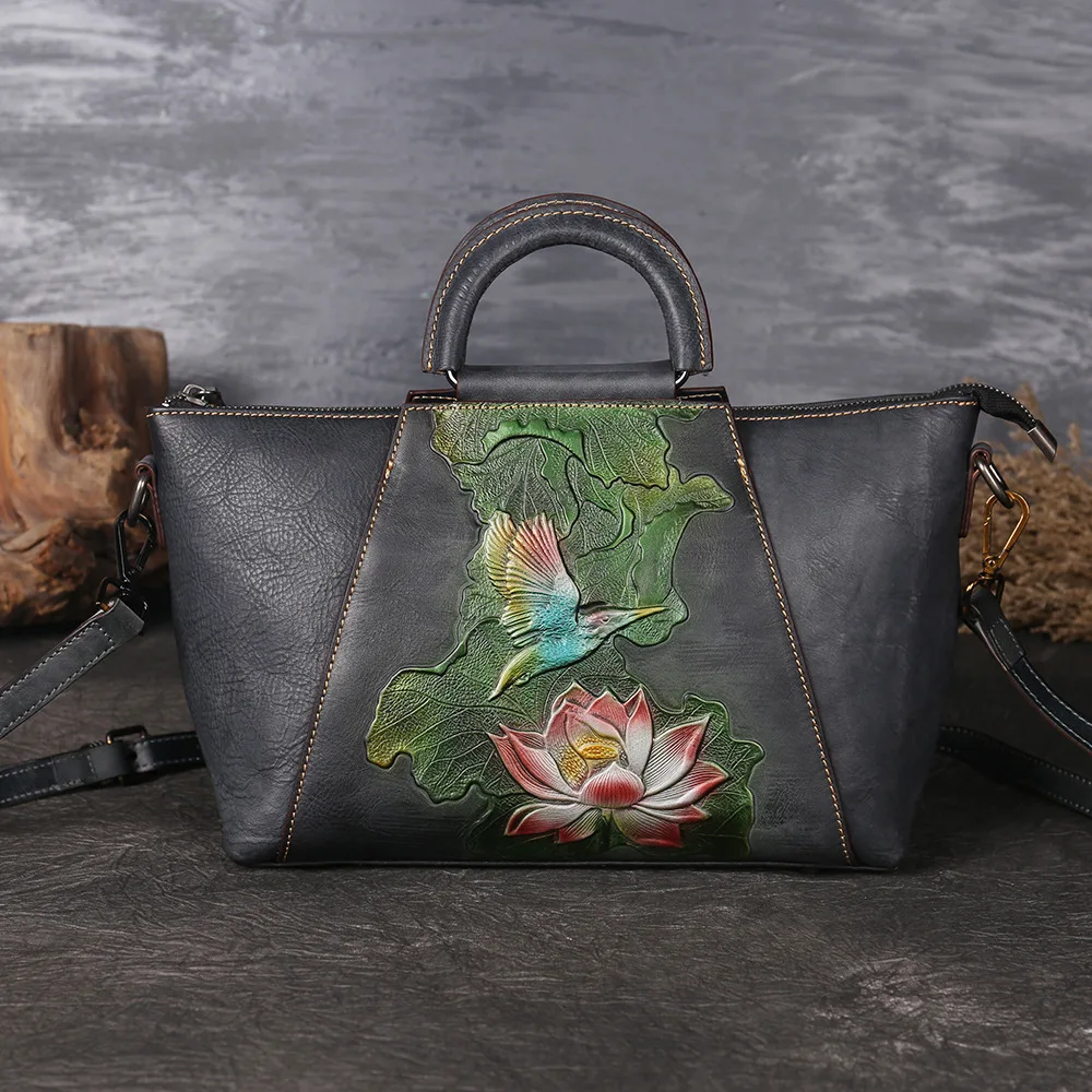 

New Design Woman Handmade Vintage Genuine Leather Handbag Ladies Retro Shoulder Messenger Bag Cow Leather Hand-printed Women Bag