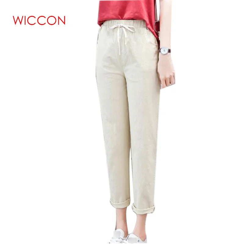 Брюки женские длинные однотонные повседневные хлопково льняные штаны до