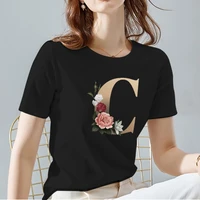 tshirts women black all match o neck t shirt gold english 26 letter pattern series lady tops female commuter tee womens clothes