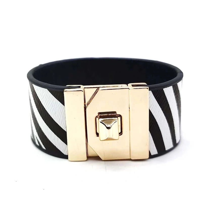

Fashion Leather Bracelet For Woman black Pattern wide Leather Bracelets Gold Metal buckle Decoration Leather Hand Catenary