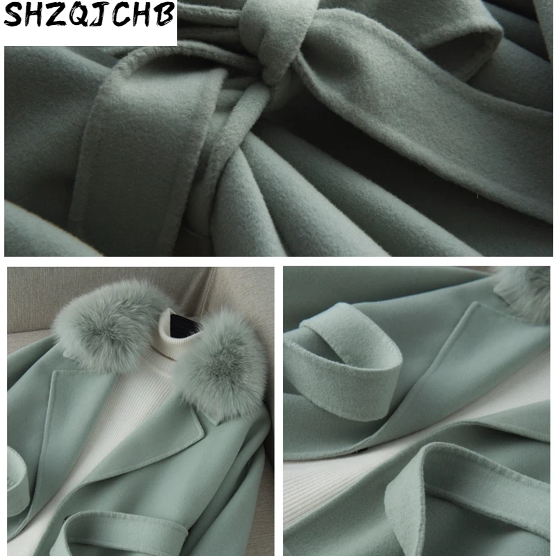 

JCHB 2021 100% Wool Coat Female Double-sided Wool Jacket Fox Fur Collar Spring Autumn Korean Long Coat Women Overcoat KJ4049