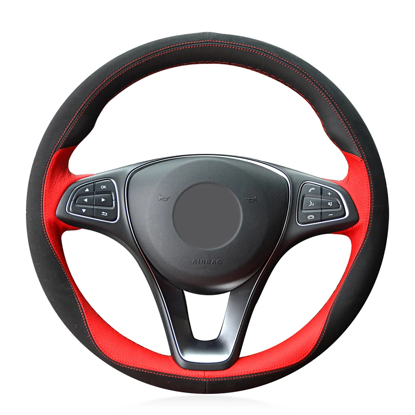 Черная замша красный кожаный чехол рулевого колеса автомобиля для Mercedes Benz C180 C200